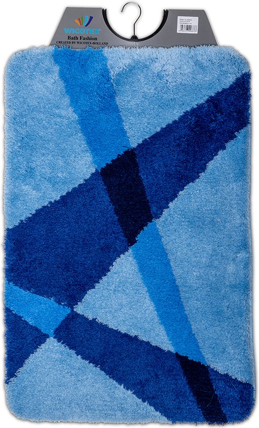 Wicotex - Badmat set met Toiletmat - WC mat met uitsparing Blauw gestreept - Antislip onderkant