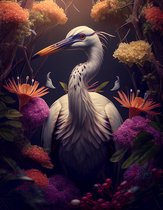 AI - Woondecoratie - Poster - Dieren - Kraanvogel - Bloemen en jungle - 46 - 40 x 50 cm