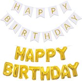 2-delige slinger set Happy Birthday wit met goud - verjaardag - slinger - happy birthday - folie ballonnen - wit - goud