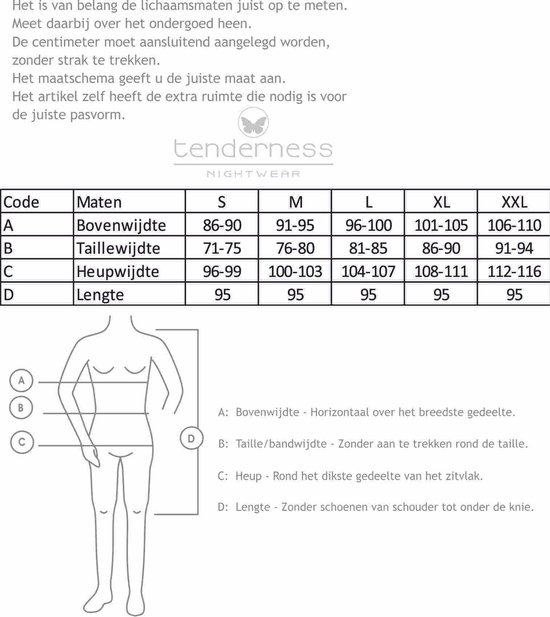 Maattabel met afmetingen in cm voor buste, taille, heup en lengte voor verschillende maten.