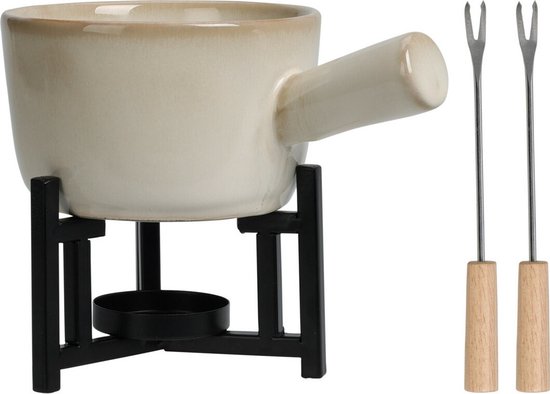Excellent Houseware Chocoladefondue setje met houder - porselein - beige - incl. 2 vorken van Excellent Houseware. — afbeelding 2
