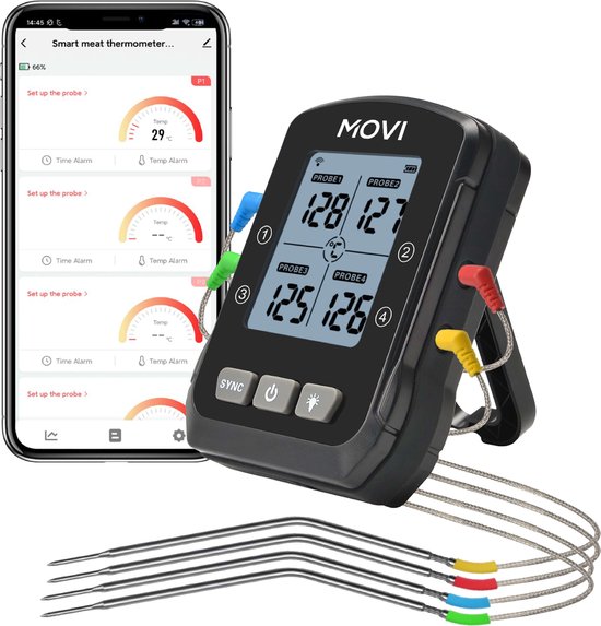 Movi EXPERT - Vleesthermometer - BBQ thermometer – 4 Meetsondes - Bedienen via APP - Oventhermometer - Vleesthermometer draadloos – Keukenthermometer - Kamado - Suikerthermometer – Barbecue accessoires - Inclusief e-Book - Kookwekker - Movi