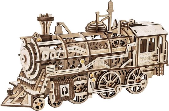 Gedetailleerde houten 3D-puzzel van een stoomlocomotief, met zichtbare tandwielen en mechanische onderdelen.