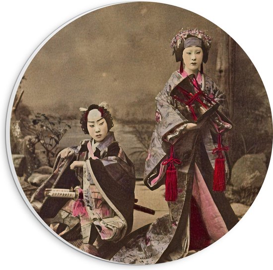 PVC Schuimplaat Muurcirkel - Kunst van Twee Vrouwen Chineze Klederdracht - 20x20 cm Foto op Muurcirkel (met ophangsysteem)