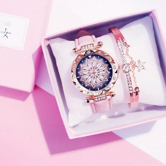Horlogebox voor dames - geschenkdoos - cadeau set met horloge - armband - valentijn cadeautje voor haar - roze-goud