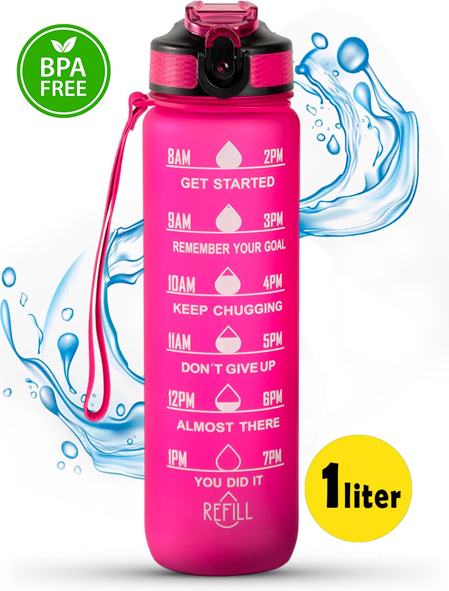 Motivatie Waterfles Rosé - 1 Liter Drinkfles - Waterfles met Rietje - Waterfles met tijdmarkering - BPA Vrij - Volwassenen - Drinkfles Kinderen