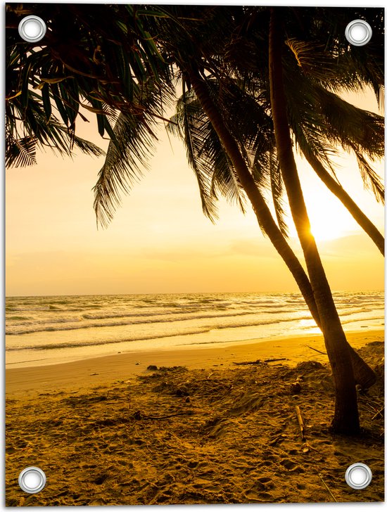 Tuinposter – Kokosnoot Palmbomen op het Strand bij Fekleurige Zonsopgang - 30x40 cm Foto op Tuinposter (wanddecoratie voor buiten en binnen)