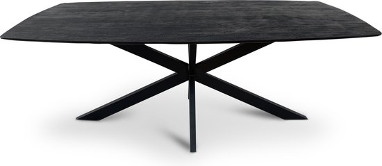 Floor tafel met gecurved Mango houten blad van 300 x 110 cm met facetrand aan onderzijde. Bladkleur zwart gezandstraald. Onderstel is een spinpoot in de kleur zwart.