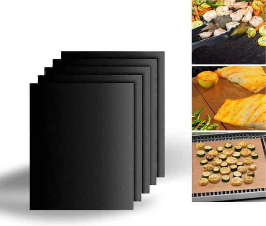 BBQ Bakmat - Set van 5 - Bakmat Barbeque - GRATIS 5 BBQ gerechten in de mail! - Non-stick bakmat - Zwart - Barbeque Accessoires - Bakmatten - Herbruikbaar - Oven Bakmat - Anti-aanbak