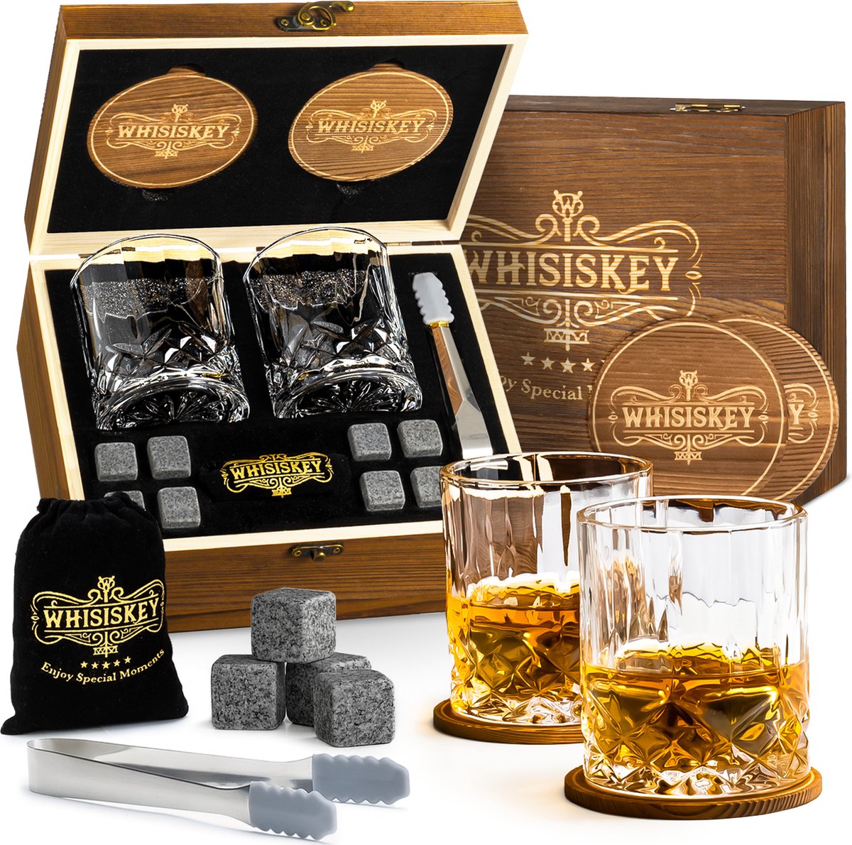 Whisiskey Luxe Whiskey Set - Incl. 2 Whiskey Glazen, 8 Whiskey Stones, 2 Onderzetters, Fluwelen Opbergzak, Opbergbox - Whisky Geschenkdoos - Glas - Herbruikbare IJsblokjes - Moederdag Cadeautje - Moederdag Geschenkset - Whisiskey