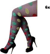 6x Panty zwart met bolletjes rood/geel/groen - Festival thema feest party carnaval