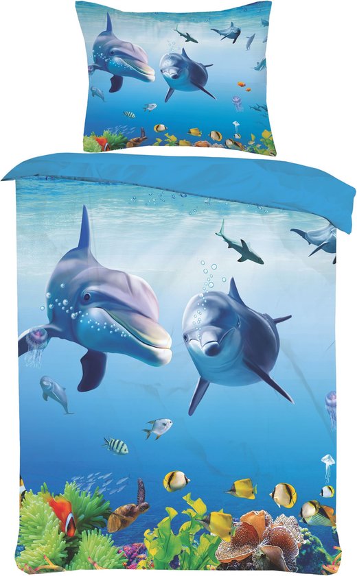 Kinder dekbedovertrek Set Blauw Dolfijnen & vissen 1Persoons- 140x220cm +1 kussensloop 60x70 cm