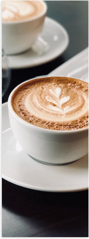 Poster Glanzend – Twee Kopjes Cappuccino met een Croissant - 20x60 cm Foto op Posterpapier met Glanzende Afwerking