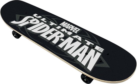 Zwart skateboard met de tekst 'Ultimate Spider-Man' in grote witte letters.