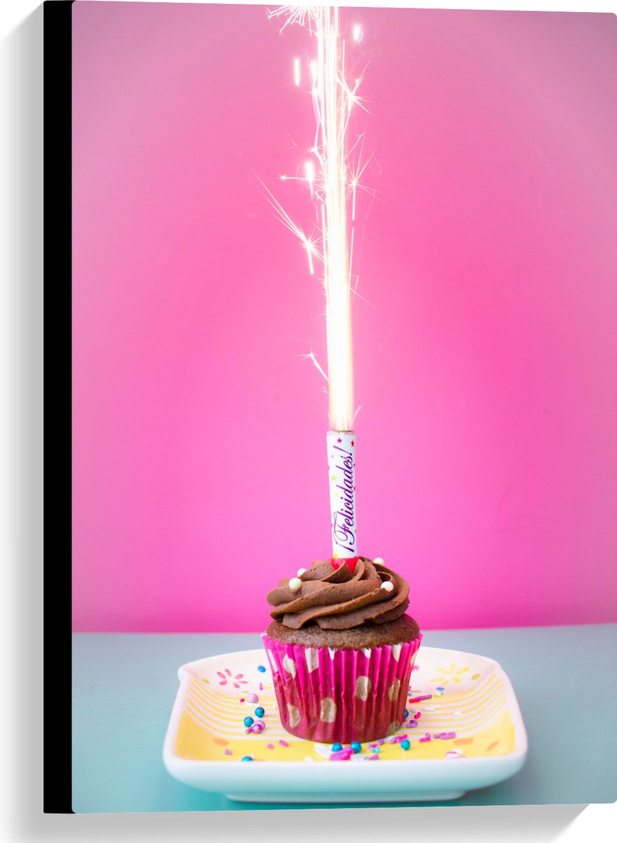Canvas - Verjaardagscupcake met Chocolade Topping en Fontein - 40x60 cm Foto op Canvas Sch