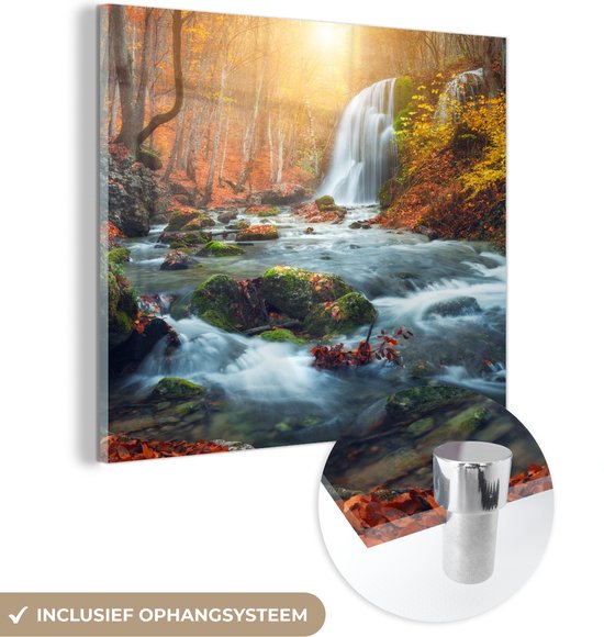 MuchoWow® Glasschilderij 20x20 cm - Schilderij acrylglas - Waterval - Zon - Herfst - Foto op glas - Schilderijen