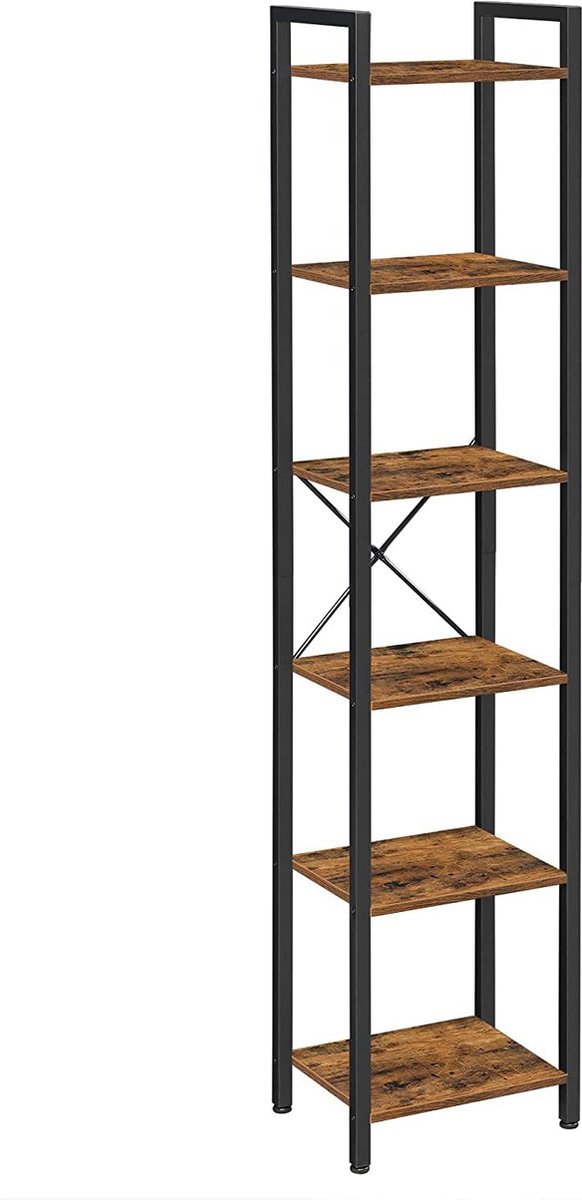 Opbergrek - Boekenkast - Open Kast - 6 Niveaus - Vintage - Industrieel - Bruin - Zwart - Ambachtelijk Hout - Metaal - 40 x 30 x 178,6 cm