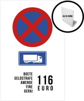 Aluminium bord XL/ Pictogram | Parkeren en stilstaan verboden voor vrachtwagens - Geldboete 116 euro | 80 x 50 cm | 5 talen | Trucks | Camions | Verbod | Transport | Boete | Amende | Fine | Geldstrafe | Overlast | Alu di-bond | Roestvrij | 1 stuk
