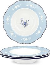 Porseleinen diepe soepborden, set van 4 stuks, Ø 232 mm, grijs, pastaschalen, blauwe bloemen, soepkommen, magnetron- en vaatwasmachinebestendig