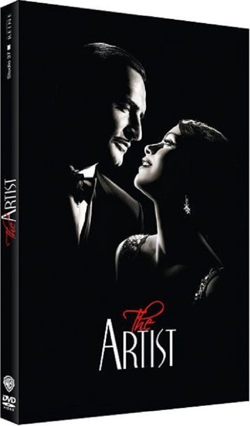 DVD-hoes van de film 'The Artist' met een man en vrouw die elkaar aankijken, beide in zwart-wit.