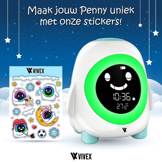 Vivex® Slaaptrainer - Slaaptrainer kinderen - Kinderwekker - Slaapwekker - Nachtlampje - Gratis E-book + Adapter - Inclusief Penny Stickers - Penny de Pinguïn - Vivex
