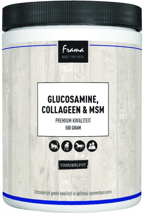Frama Glucosamine, Collageen & MSM pot met een zwart deksel. De pot heeft een houttextuur en bevat de tekst 'PREMIUM KWALITEIT 500 GRAM'.