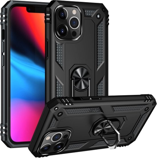 Hoesje Geschikt voor Apple iPhone 13 pro max Stevige Magnetische Anti shock ring back cover case- schokbestendig-TPU met stand Zwart