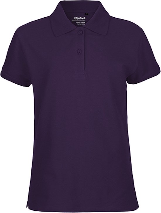 Paarse dames polo van 100% biologisch katoen met korte mouwen en knoopjes.