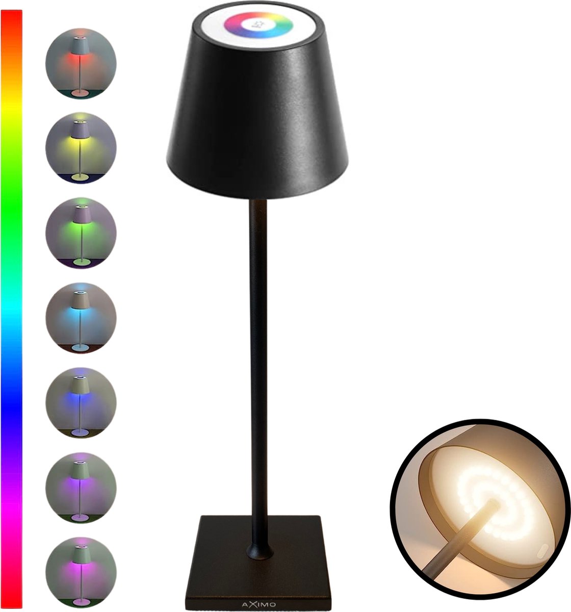 AXIMO Oplaadbare Tafellamp - RGB - Zwart - H36cm – LED - Bureaulamp – Tafellamp – Snoerloos – Verplaatsbaar – Duurzaam - Voor binnen en buiten – Dimbaar - USB oplaadbaar
