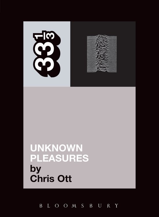 Boek 'Unknown Pleasures' door Chris Ott, met een grafische weergave van signaalgolven en "33 1/3".