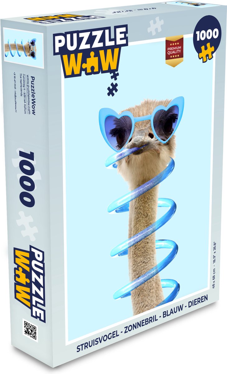 Puzzel Struisvogel - Zonnebril - Blauw - Dieren - Legpuzzel - Puzzel 1000 stukjes volwassenen