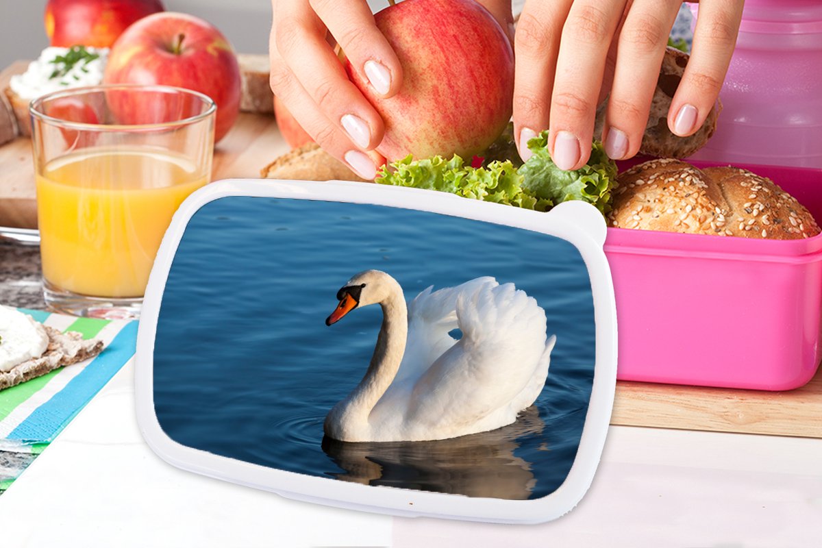 Broodtrommel Roze - Lunchbox - Brooddoos - Zwaan - Water - Vogel - Wit - 18x12x6 cm - Kinderen - Meisje