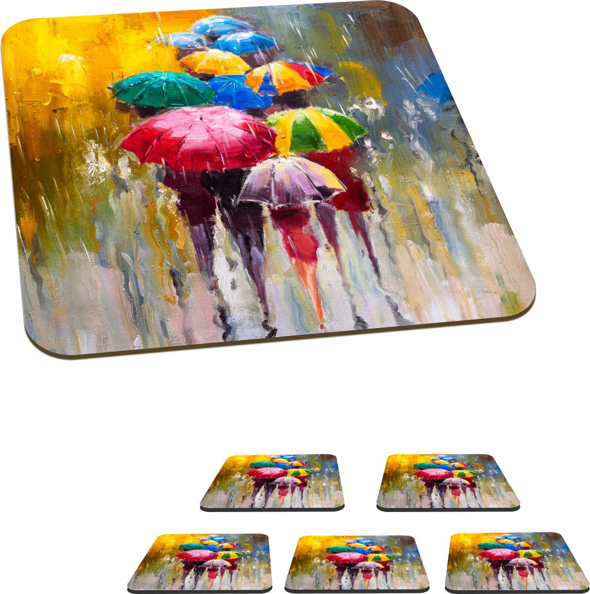 Onderzetters voor glazen - Schilderij - Paraplu - Olieverf - 10x10 cm - Glasonderzetters - 6 stuks