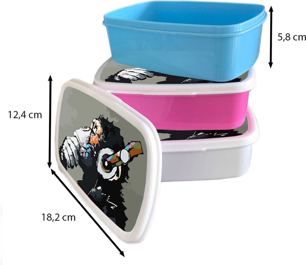Broodtrommel Wit - Lunchbox - Brooddoos - Schilderij - Olieverf - Aap - Koptelefoon - 18x12x6 cm - Volwassenen