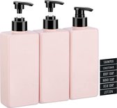 Lotion Dispenser vierkant, zeepdispenser, 3 stuks, 400 ml, voor shampoo, vloeibare zeep, navulbaar, lege kunststof pompflessen met etiketten voor keuken en badkamer, roze