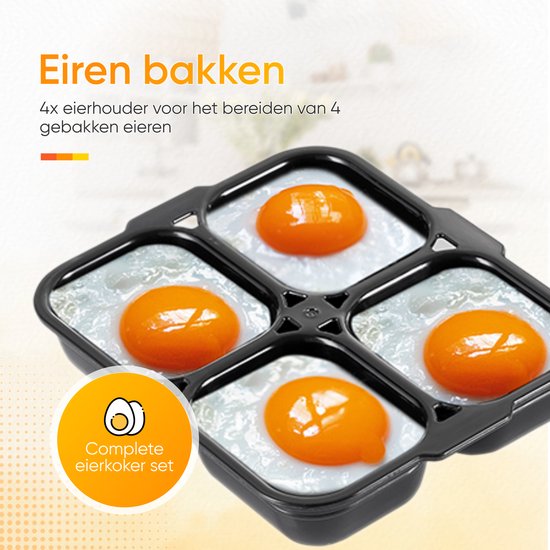 Eierkoker met vier gebakken eieren met de tekst 'Eieren bakken'.