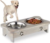 Relaxdays hondenvoerbak op standaard - 2x voerbak rvs 750ml - verhoogde eetbak hond - hout