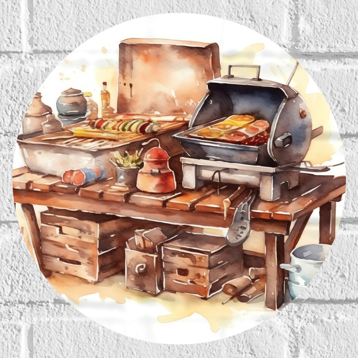 Muursticker Cirkel - Waterverf Tekening met Barbecue en Eten - 30x30 cm Foto op Muursticke