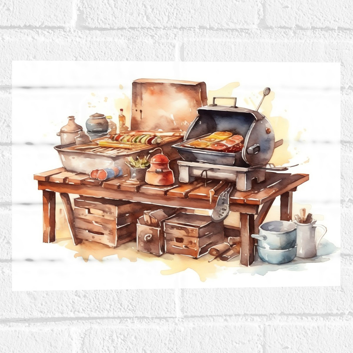 Muursticker - Waterverf Tekening met Barbecue en Eten - 40x30 cm Foto op Muursticker