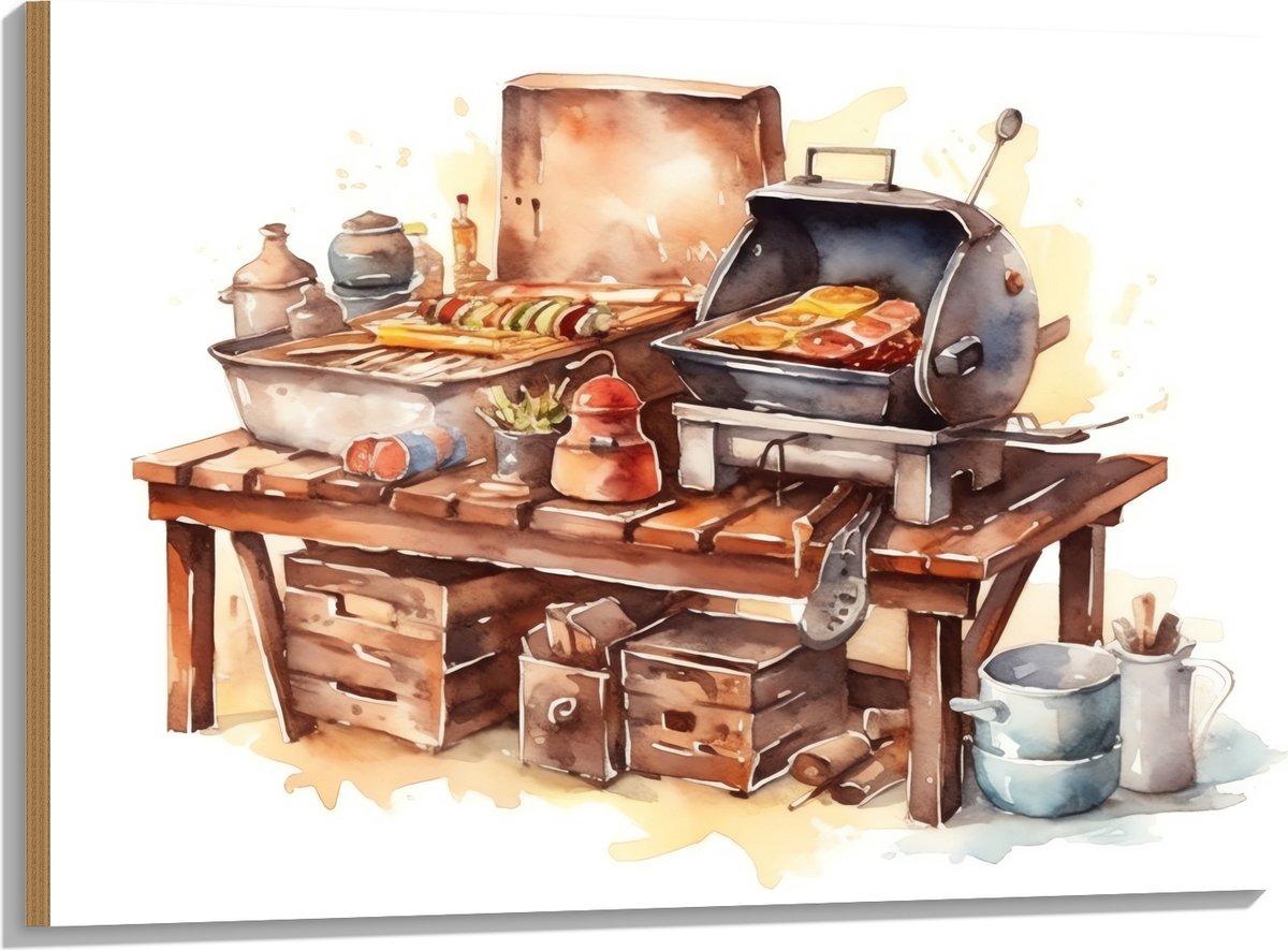 Hout - Waterverf Tekening met Barbecue en Eten - 100x75 cm - 9 mm dik - Foto op Hout (Met