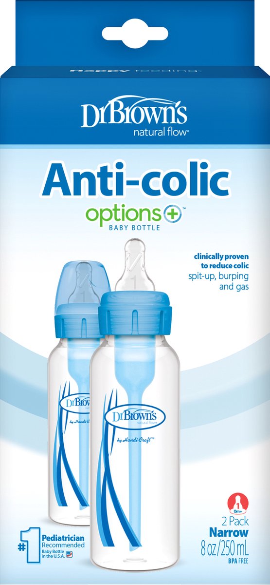 Dr. Brown's Options+ Anti-Colic Babyfles - Smalle halsfles - 250ml - Blauw - 2 stuks van Dr. Brown's — afbeelding 2