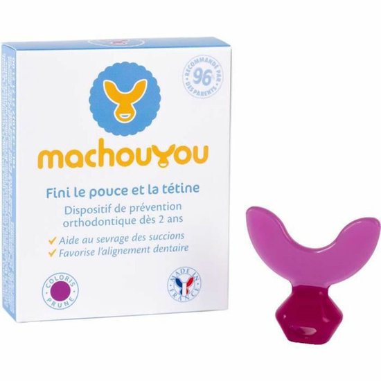 Machouyou paarse en roze beugel naast de verpakking. De doos vermeldt 'Fini le pouce et la tétine'.