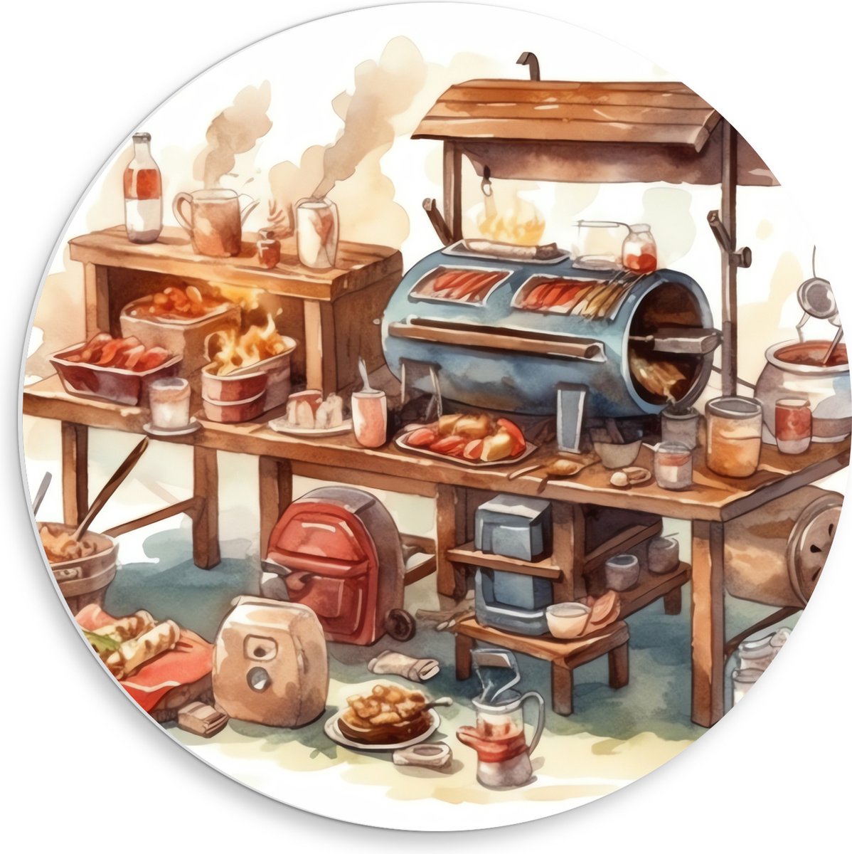 PVC Schuimplaat Muurcirkel - Tekening van Barbecue - 50x50 cm Foto op Muurcirkel (met opha