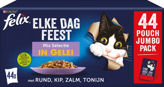 Felix Elke Dag Feest in Gelei Mix Selectie - Kattenvoer Natvoer - Tonijn Zalm Rund & Kip- 44 x 85 g - FELIX