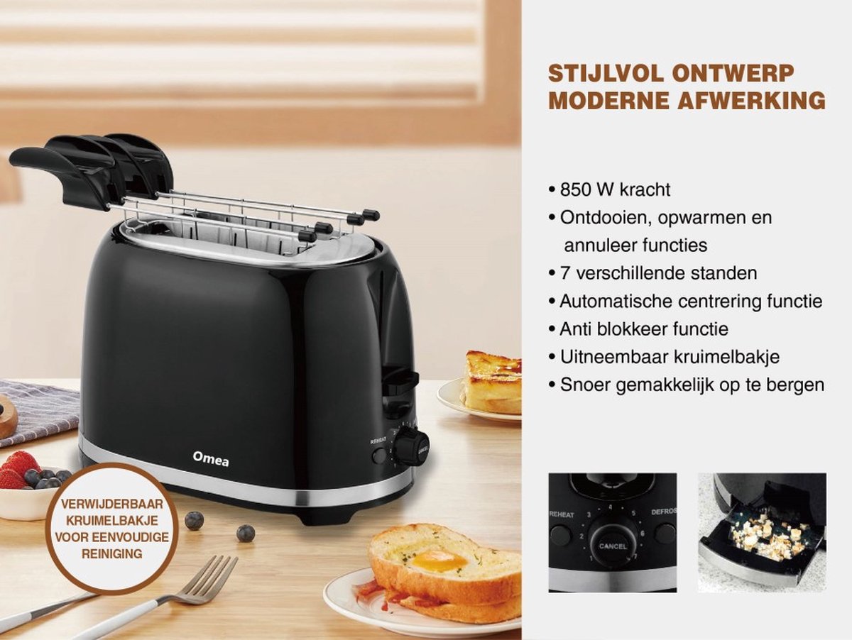 Omea Broodrooster Zwart - Broodrooster met Tostiklemmen - Retro - Extra Brede Sleuven - 7 Warmteniveaus - 850W thumbnail 4