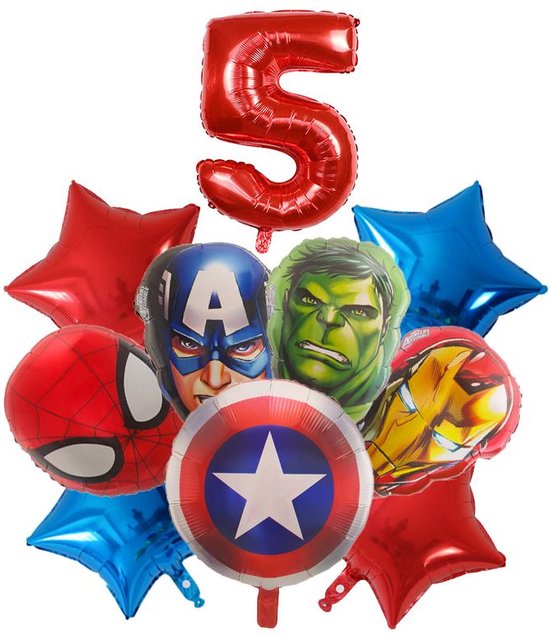 Marvel Superhelden Verjaardag Versiering - 10 delig - Leeftijd: 5 jaar - Marvel Superhelden Ballonnen - Marvel Superhelden Kinderfeestje - Marvel Superhelden Feestpakket - Folieballon / Leeftijdballon - Feestversiering - Verjaardag - Hoera 5 jaar