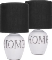 BRUBAKER Set van 2 Tafel- of Bedlampjes - "Home"- Decoratieve Tafellampen - Keramische voet - Zwarte stoffen kap - 32,5 cm - Zwart Wit Grijs