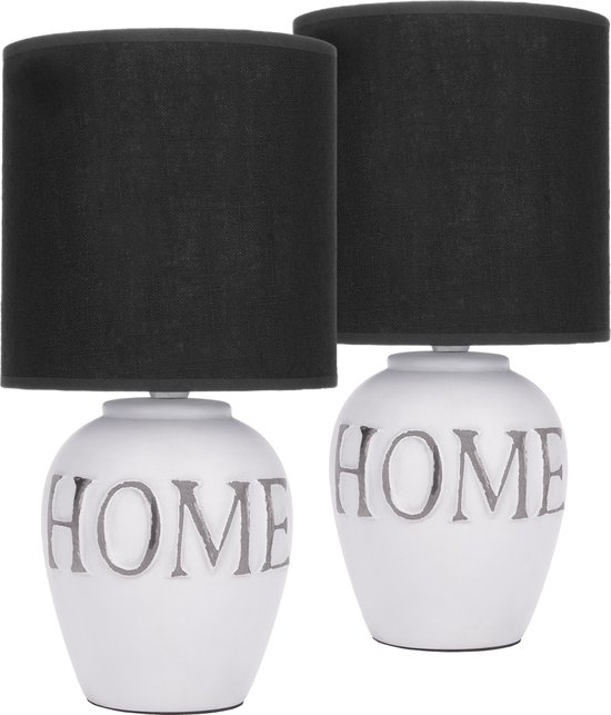 BRUBAKER Set van 2 Tafel- of Bedlampjes - "Home"- Decoratieve Tafellampen - Keramische voet - Zwarte stoffen kap - 32,5 cm - Zwart Wit Grijs