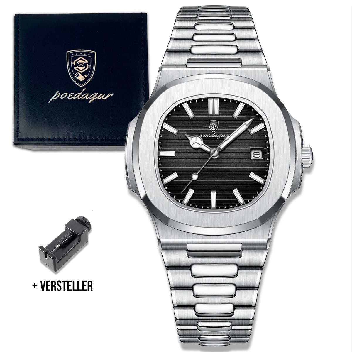 Horloge voor heren Mannen horloge - Heren horloge - Horloge heren - Waterdicht - Zilver - 43 mm - Incl. Opbergdoos & Verkleiner - Poedagar