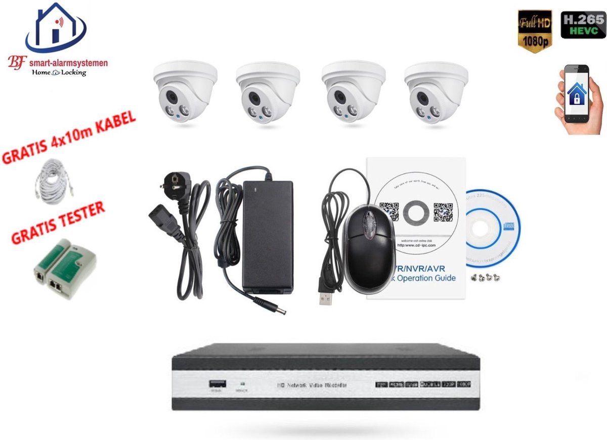 Home-Locking camerasysteem met NVR 3.0MP H.265 POE en 4 dome camera's 3.0MP CS-4-1401B (dome camera IP65)